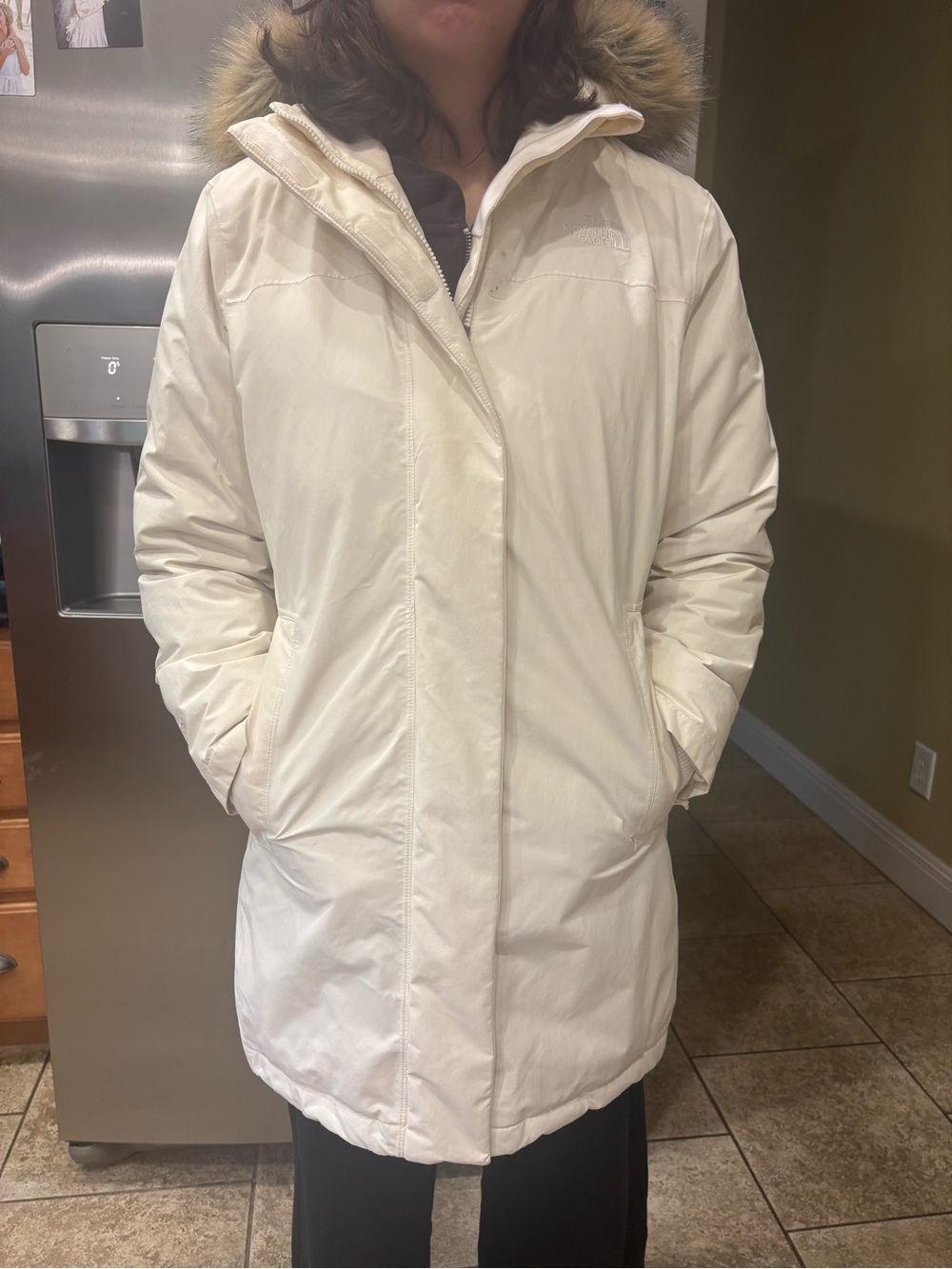 The North Face Women's Cream Long Puffer Parka with Faux Fur Hood